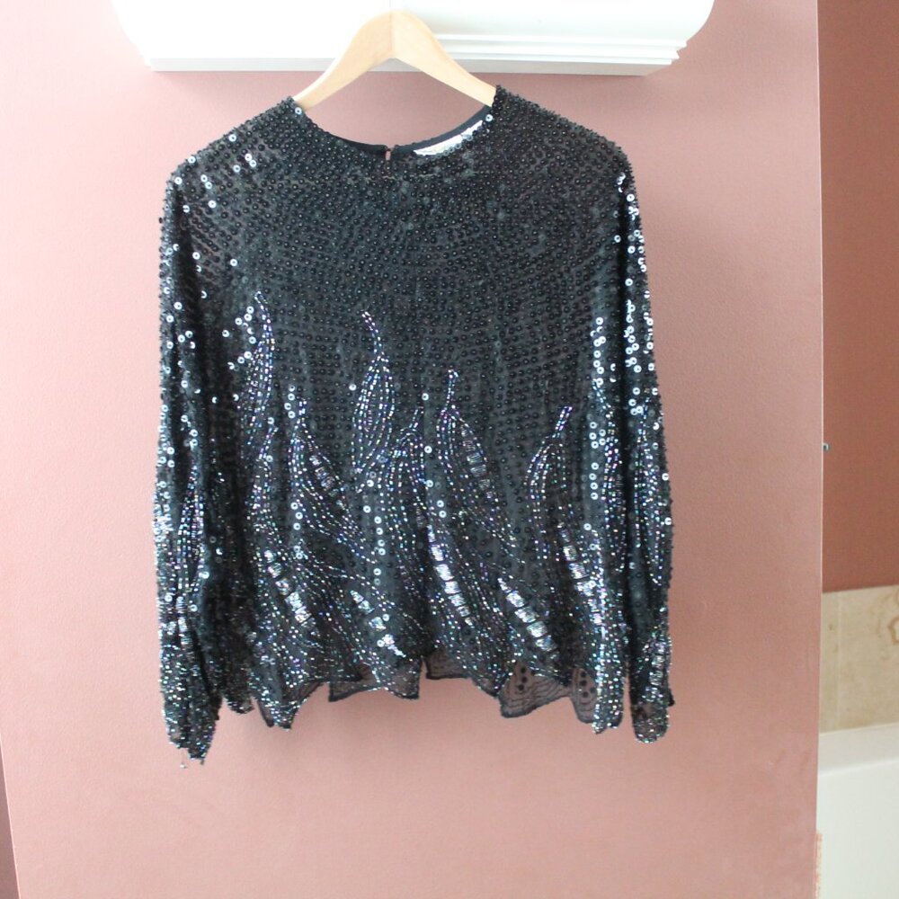 Vintage Oleg Cassini Mega Sequined Blouse top size S long sleeve